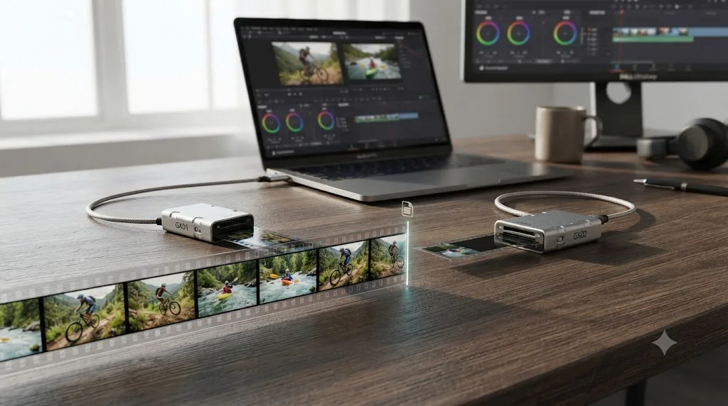 Illustration of a continuous GoPro recording splitting into two chaptered files at an internal size limit