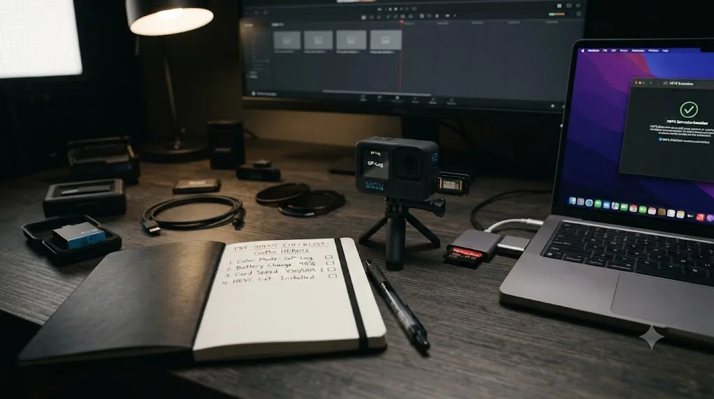 Illustration of a pre-shoot checklist for avoiding GoPro HERO12 footage import problems in DaVinci Resolve