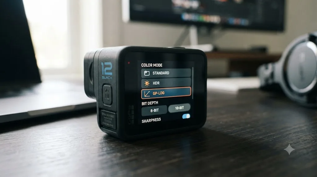 Illustration of a GoPro camera color mode menu showing Standard, HDR, and GP-Log options with a bit depth toggle