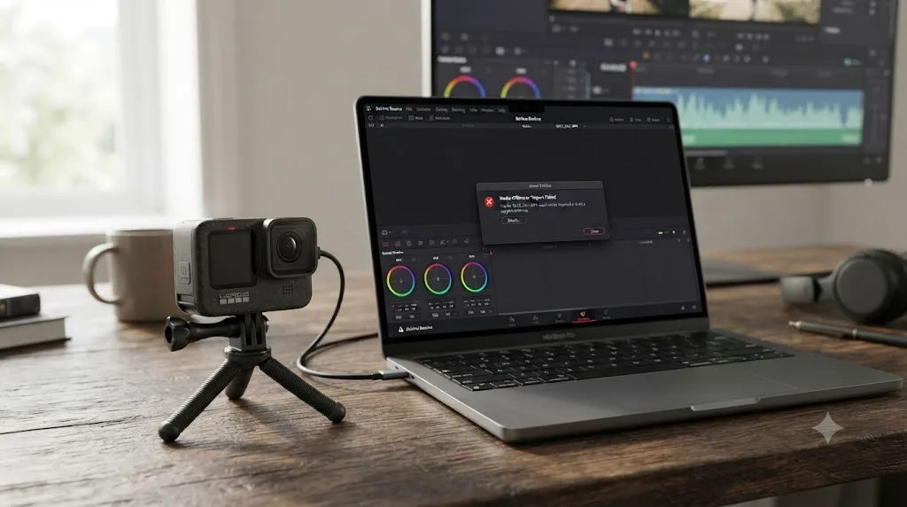 Illustration of a GoPro HERO12 action camera next to a DaVinci Resolve import error for a rejected video file