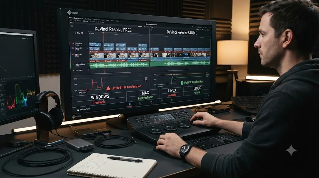 Illustration comparing DaVinci Resolve's free and Studio editions and their HEVC decoding reliability for GoPro footage across operating systems