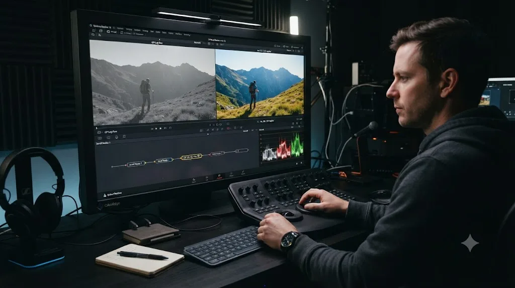 Illustration of flat GoPro GP-Log footage in DaVinci Resolve corrected to normal color through a Color Space Transform