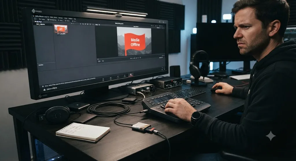 Illustration of a GoPro HERO12 video file flagged Media Offline in DaVinci Resolve, traced back to a failing card reader connection