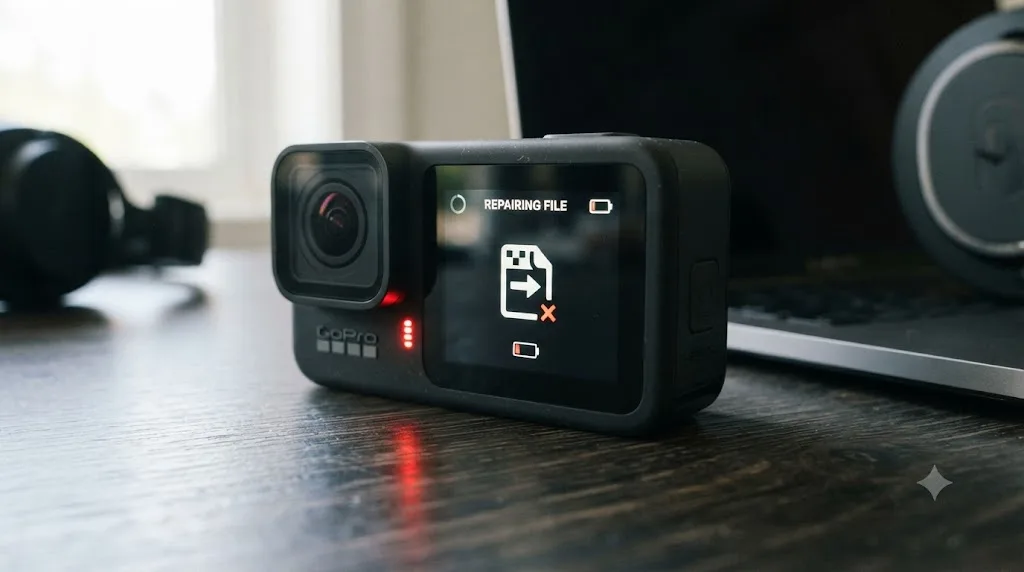 Illustration of a GoPro HERO12 camera screen showing a file recovery icon after a low battery interrupted a recording