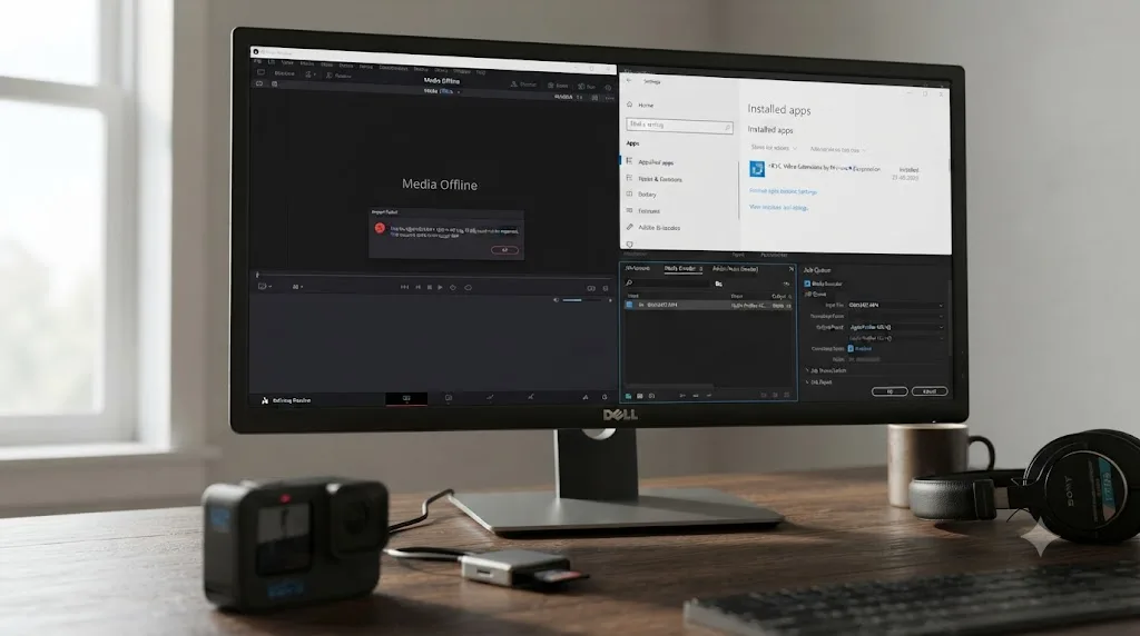 Illustration of a Windows PC with the HEVC extension installed still rejecting 10-bit GoPro GP-Log footage until it's transcoded