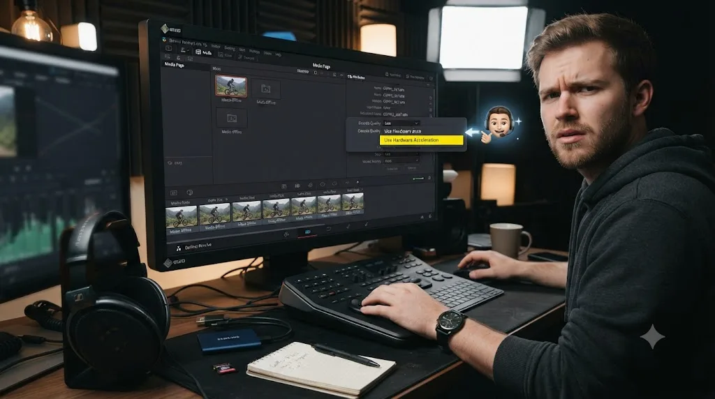 Illustration of an on-screen assistant in DaVinci Resolve highlighting a specific control while a new editor works with action camera footage