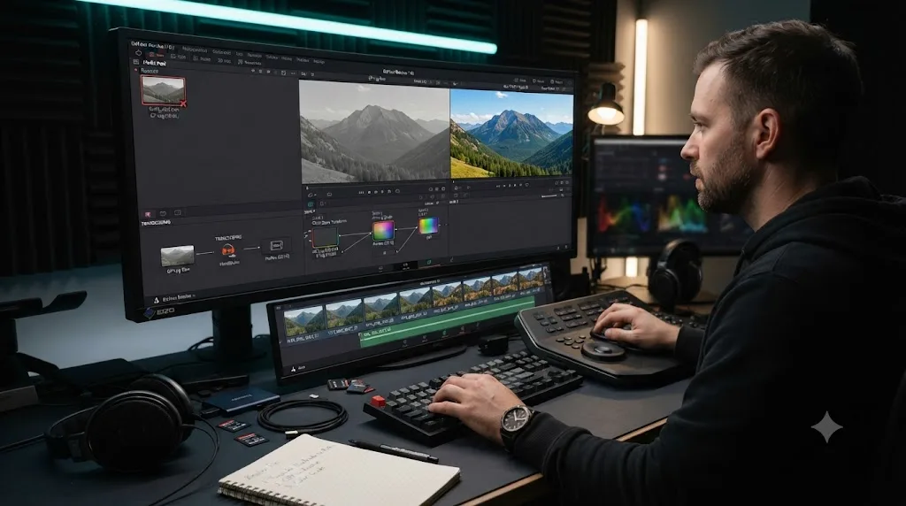 Illustration of a worked example fixing rejected 10-bit GoPro GP-Log footage and importing it into a working DaVinci Resolve timeline