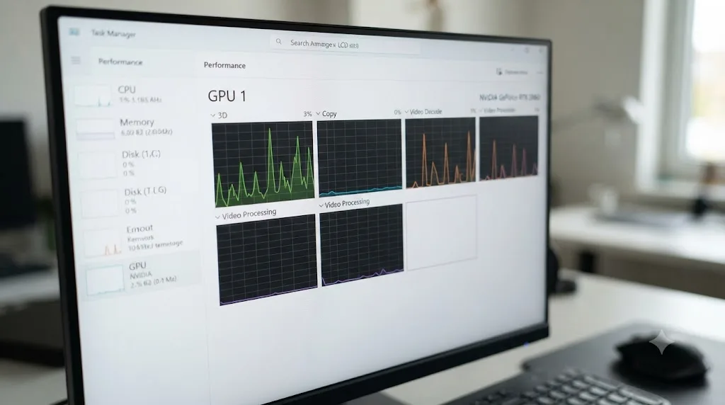 Illustration of a terminal command showing separate encoder and GPU utilization percentages during a video export