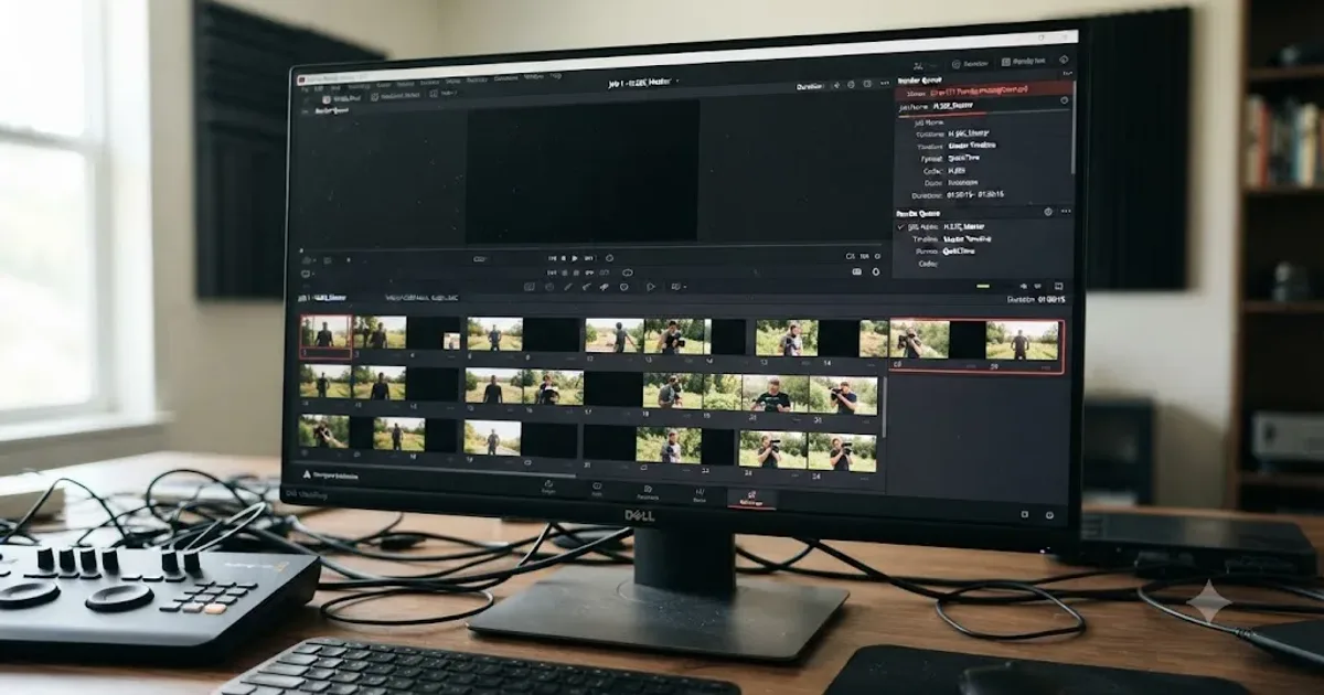 Illustration of a DaVinci Resolve timeline exporting H.265 with scattered black frames in the render queue