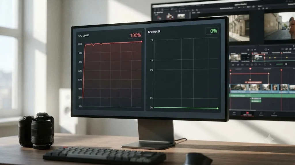 Illustration of a system monitor showing CPU usage pegged near 100 percent next to a GPU graph sitting near 0 percent, with a DaVinci Resolve timeline in the background