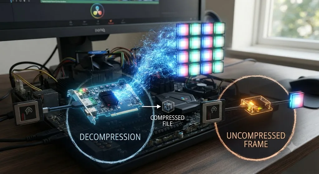 Illustration comparing the processing cost of decompressing a compressed camera file to full RGB pixel data against an already uncompressed frame