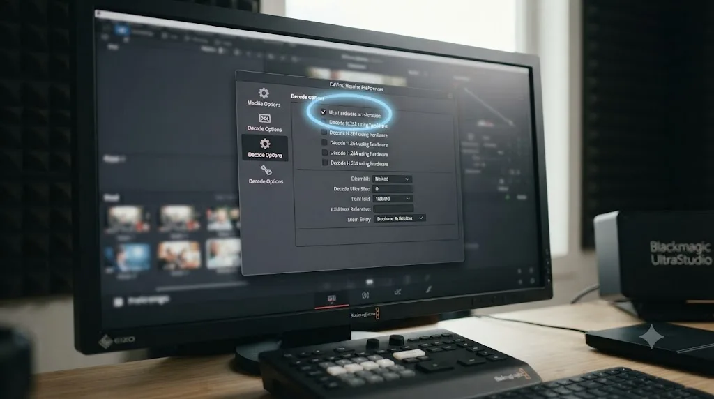 Illustration of the DaVinci Resolve Preferences Decode Options tab with the hardware acceleration checkbox highlighted