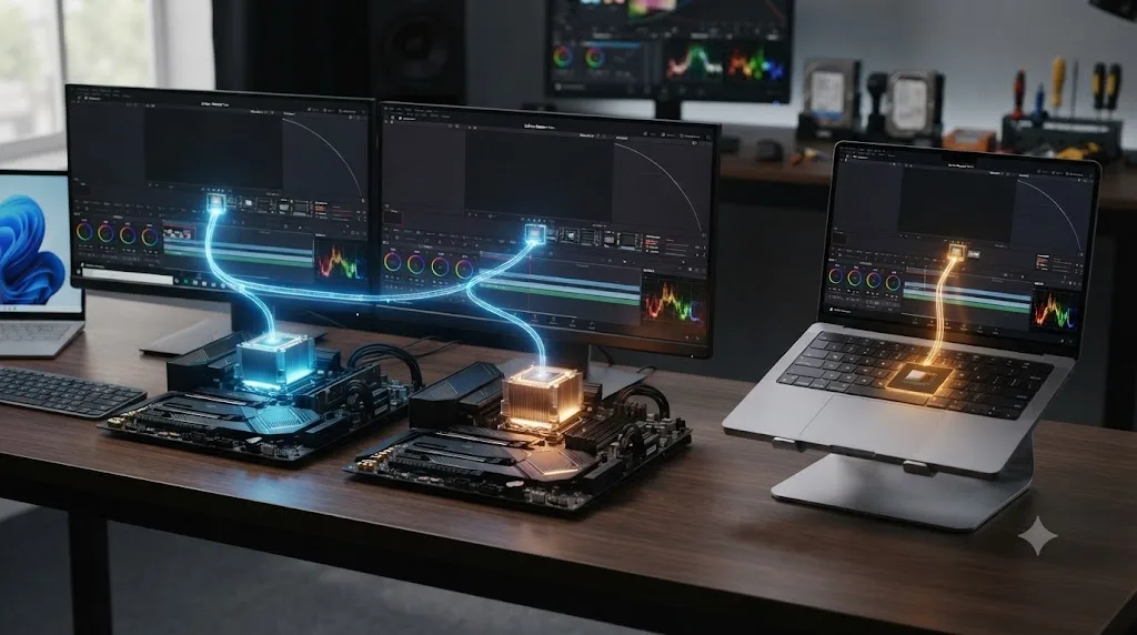 Illustration comparing DaVinci Resolve's free-version decode behavior on Windows and Linux against macOS
