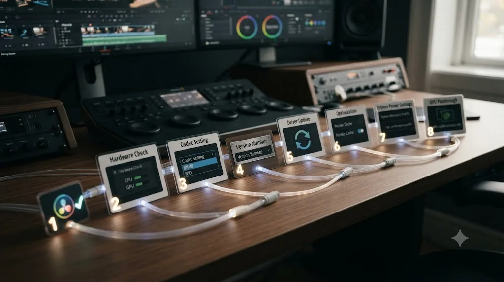 Illustration of a numbered eight step troubleshooting flowchart for diagnosing high CPU usage with low GPU usage in DaVinci Resolve
