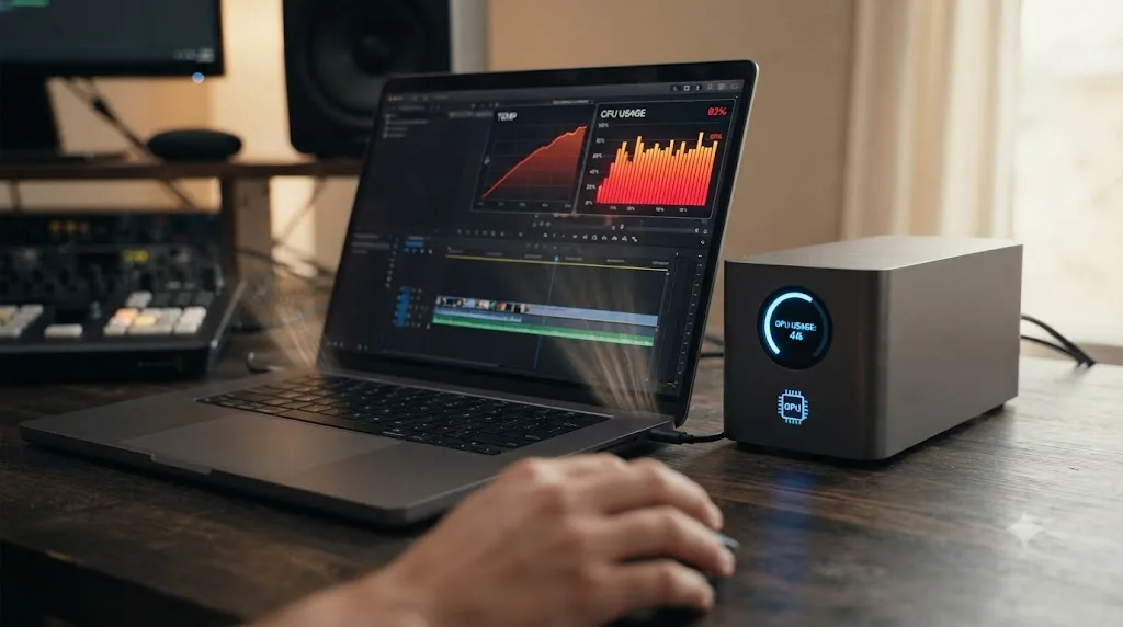 Illustration of a laptop with a climbing CPU usage meter and fan exhaust next to an idle dedicated GPU icon