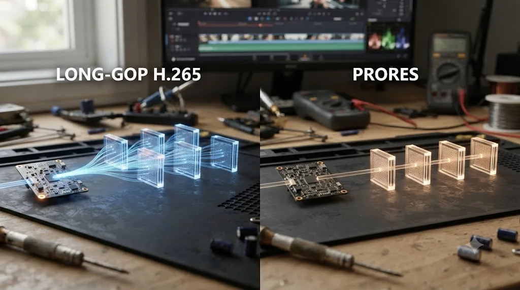 Illustration comparing a long-GOP H.265 frame sequence requiring several frames to reconstruct one image against a ProRes sequence where each frame stands alone