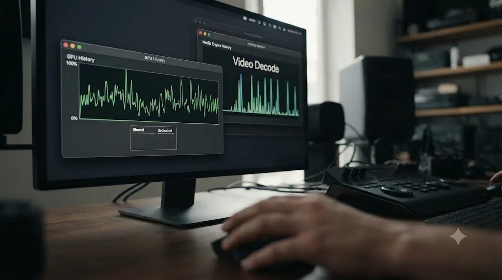 Illustration of macOS Activity Monitor's single GPU graph next to a separate dedicated media engine handling video decode