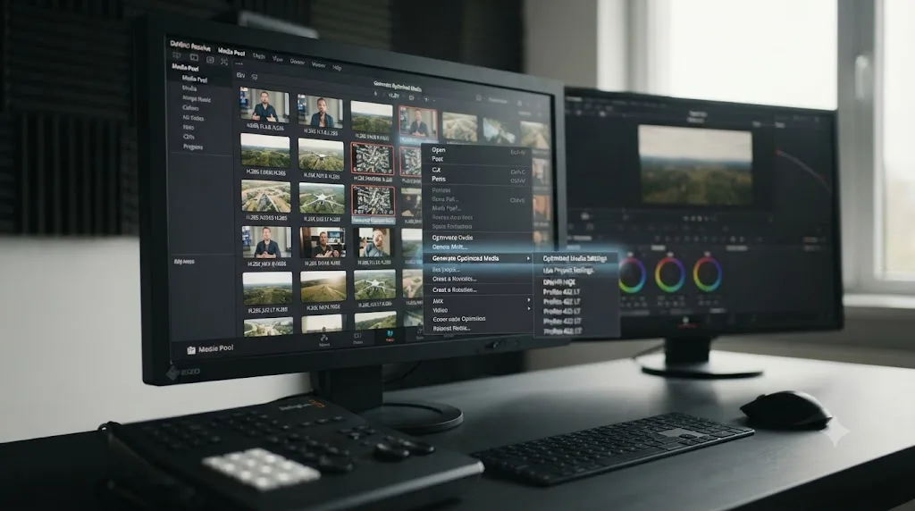 Illustration of generating Optimized Media from the DaVinci Resolve Media Pool to transcode compressed footage into a lighter intermediate codec