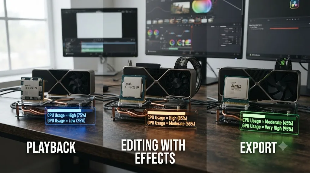 Illustration comparing CPU and GPU balance across DaVinci Resolve playback, editing, and export stages