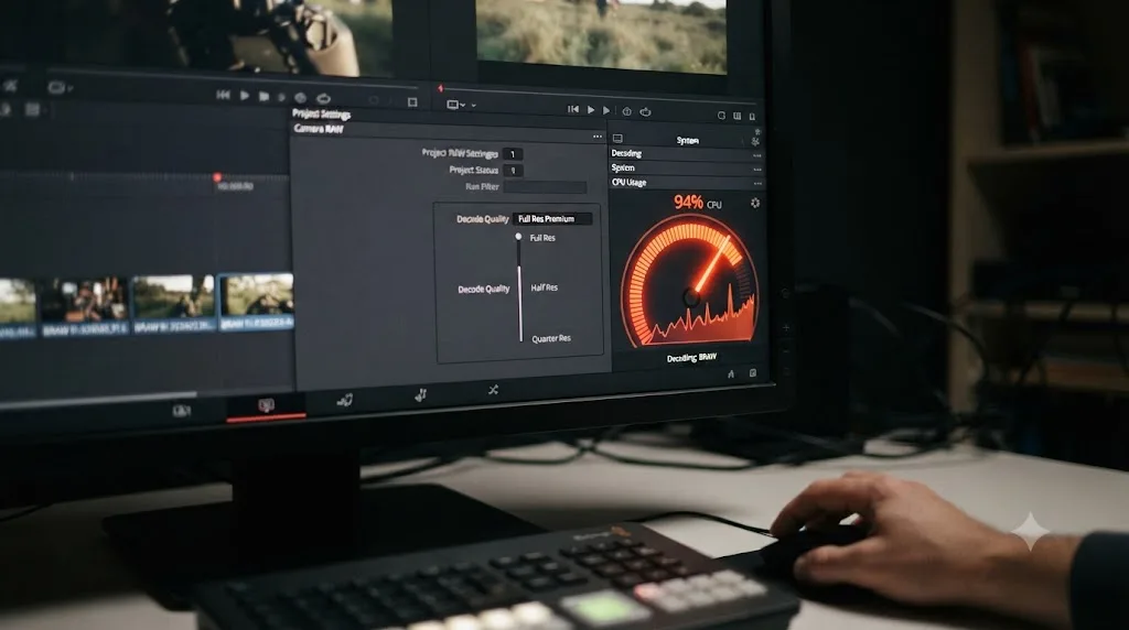 Illustration of a RAW debayer quality slider next to a CPU usage meter climbing as decode quality increases
