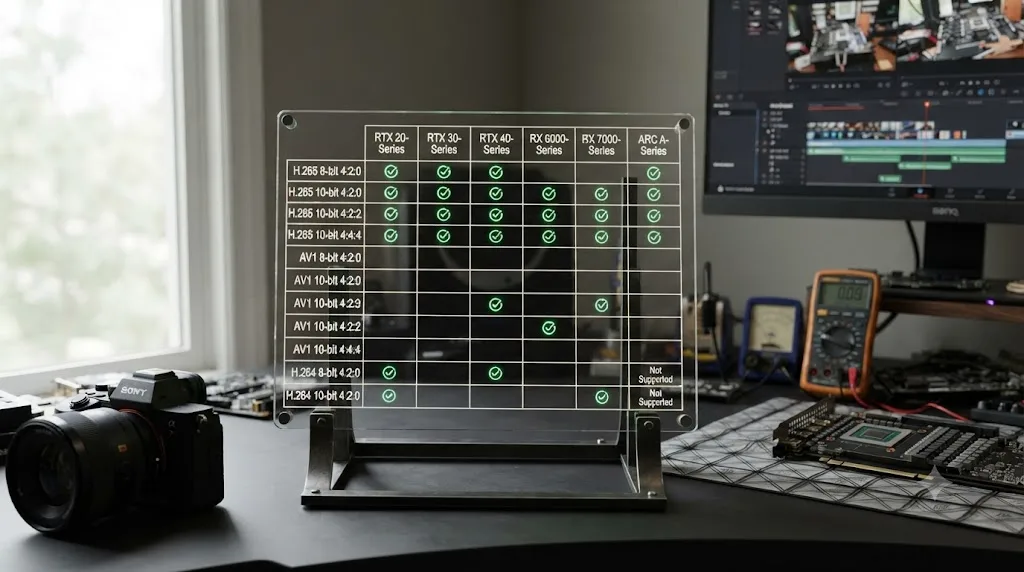 Illustration of a support matrix crossing GPU generation against video codec bit depth and chroma subsampling combinations