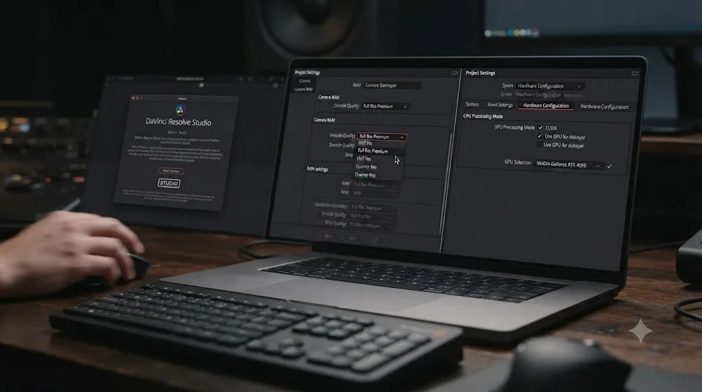 Illustration of a step by step diagnostic sequence checking DaVinci Resolve edition, decode settings, and GPU selection in order