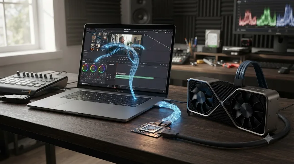 Illustration of DaVinci Resolve routed to a weak integrated GPU while a stronger dedicated GPU sits unused