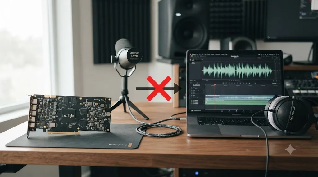 Illustration comparing a Fairlight Audio Accelerator PCIe card against a simple laptop and USB microphone monitoring setup