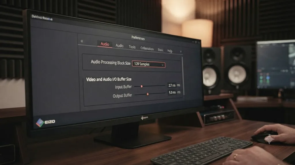 Illustration of the DaVinci Resolve Preferences panel with Audio Processing Block Size and I/O buffer size set for low latency
