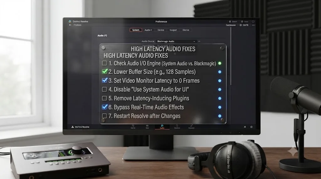 Illustration of a seven step checklist overlaid on a DaVinci Resolve preferences interface for fixing audio monitoring latency