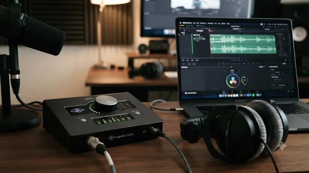 Illustration of an audio interface providing zero-latency direct hardware monitoring alongside a separate signal path into DaVinci Resolve