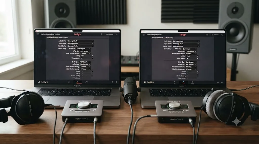 Illustration confirming DaVinci Resolve's audio monitoring latency settings are identical in the free and Studio versions