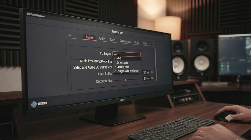 Illustration of the DaVinci Resolve I/O Engine dropdown showing ASIO, System Audio, Desktop Video, and Fairlight Audio Accelerator options