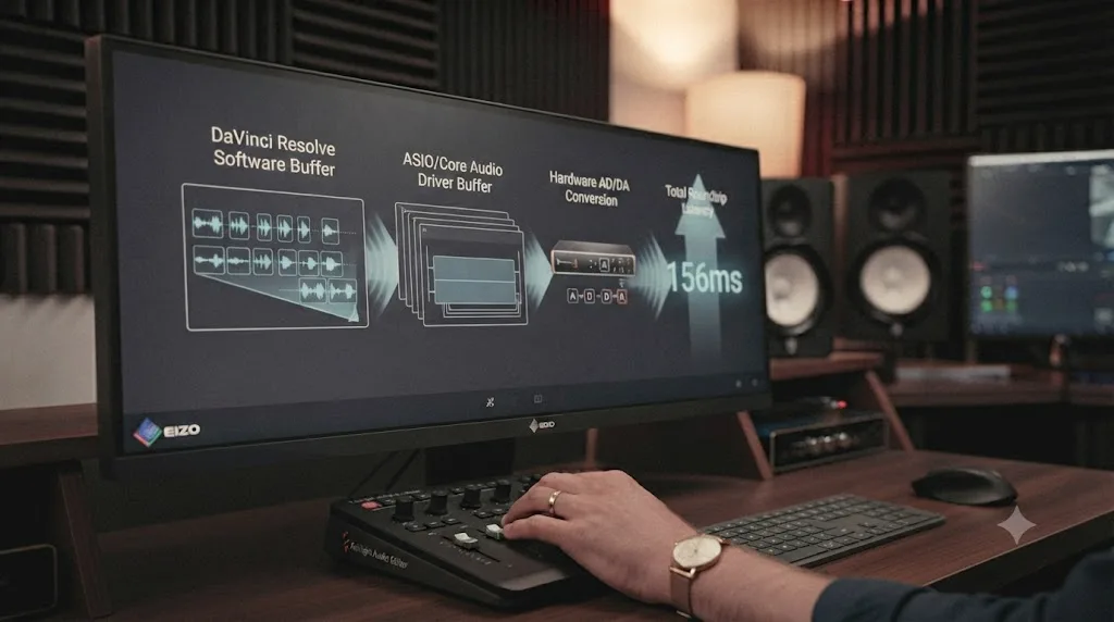 Illustration of a signal chain showing DaVinci Resolve's audio buffer, a driver buffer, and hardware conversion time stacking into total latency