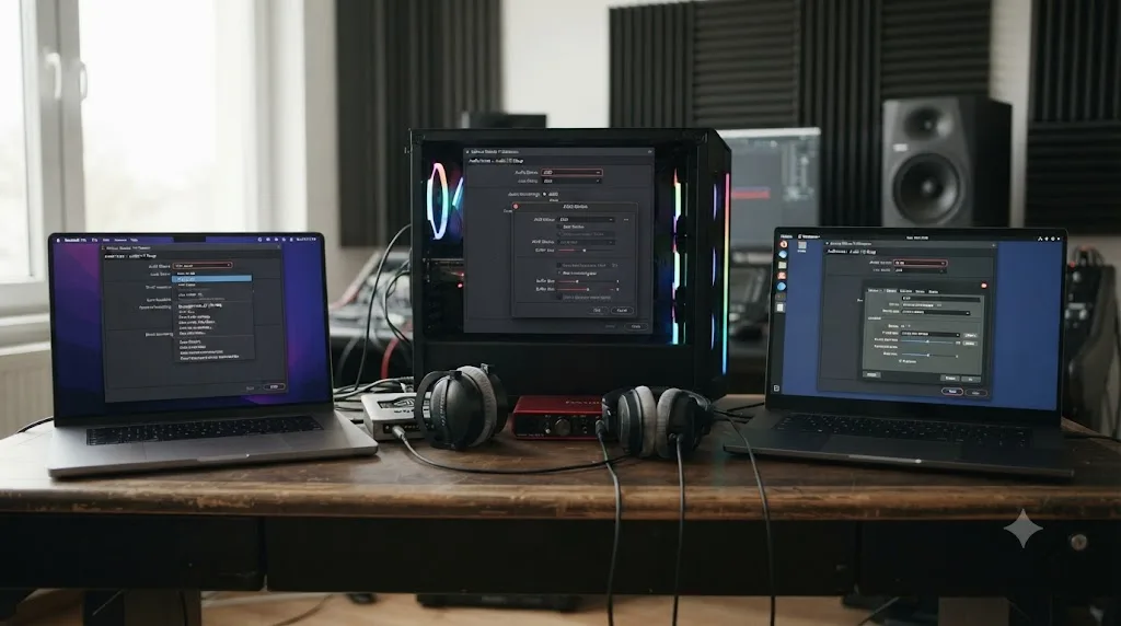 Illustration of macOS, Windows, and Linux computers each showing a different DaVinci Resolve audio driver path for monitoring