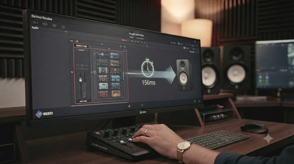 Illustration of a DaVinci Resolve Fairlight track with a stacked plugin chain adding delay before monitoring output