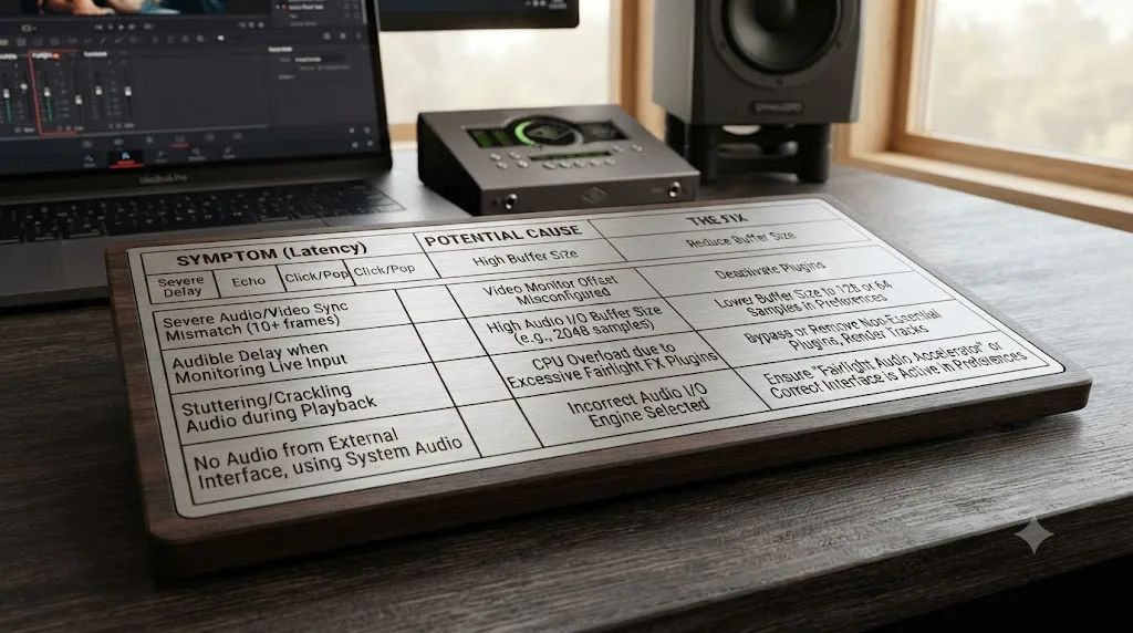 Illustration of a decision table matching DaVinci Resolve audio monitoring latency symptoms to their causes and fixes