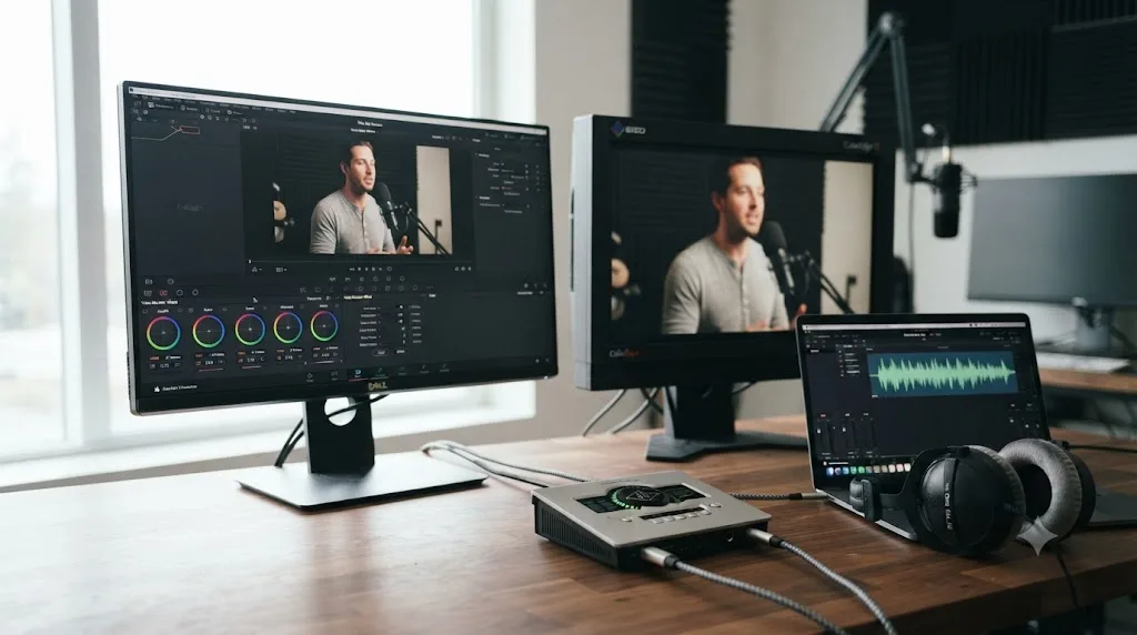 Illustration of a DaVinci Resolve viewer and an external reference monitor with audio and picture misaligned next to a Video Monitor Offset control