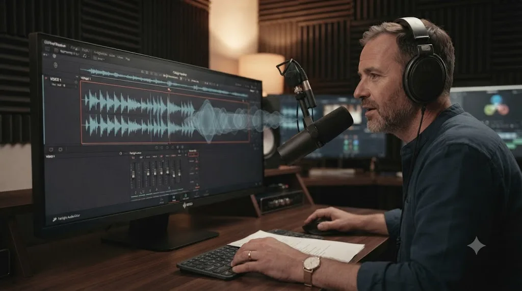 Illustration of a voiceover artist hearing a delayed monitoring signal while recording into a DaVinci Resolve Fairlight track