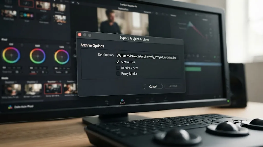 Illustration of DaVinci Resolve's Export Project Archive dialog with render cache and proxy media unchecked