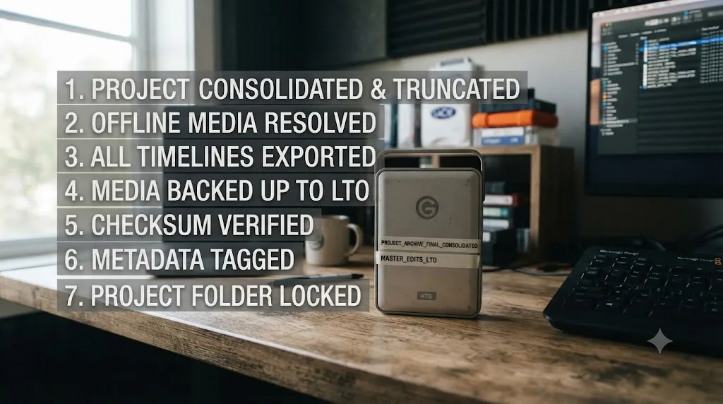 Illustration of a numbered checklist overlaid on a finished DaVinci Resolve project archive folder