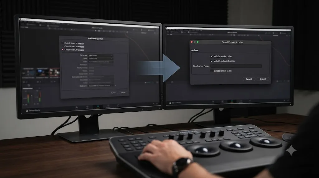 Illustration comparing DaVinci Resolve's Media Management panel and Export Project Archive dialog in sequence