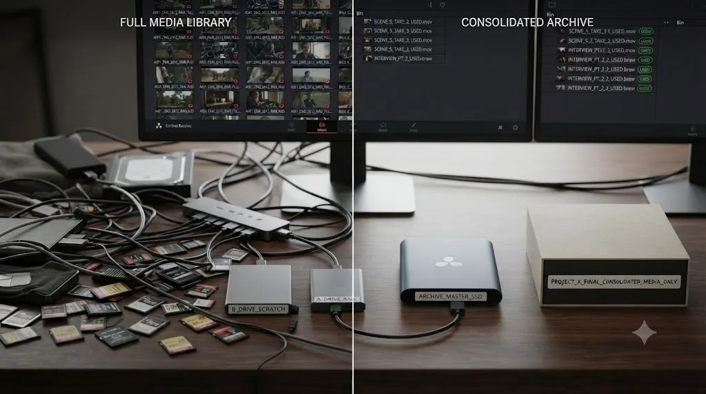 Illustration comparing a full DaVinci Resolve camera-original media library against a consolidated used-media-only folder