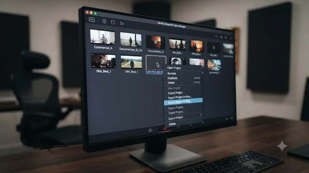Illustration of DaVinci Resolve's Project Manager right-click menu with Export Project Archive highlighted