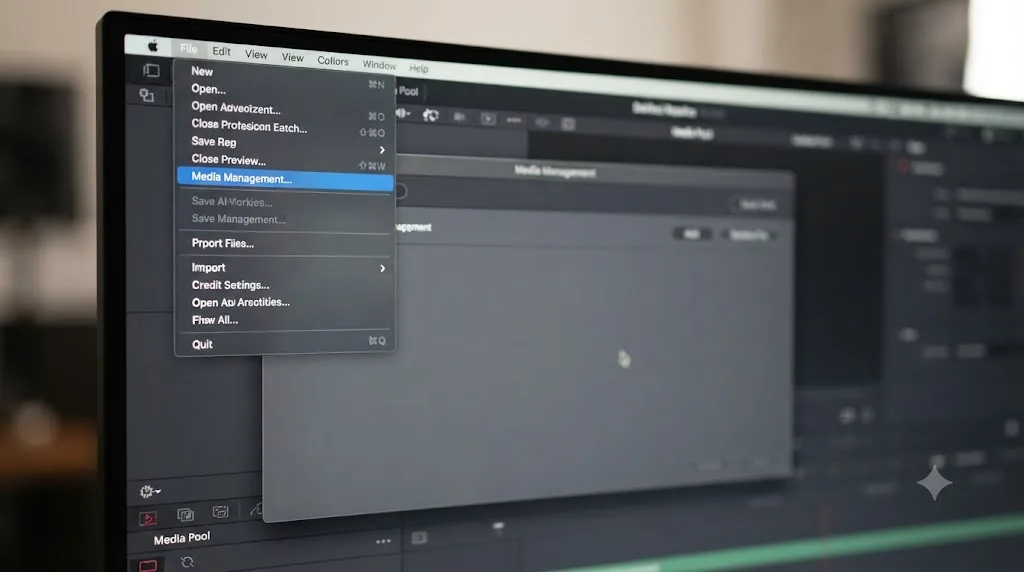 Illustration of DaVinci Resolve's File menu with Media Management highlighted before opening the consolidation dialog