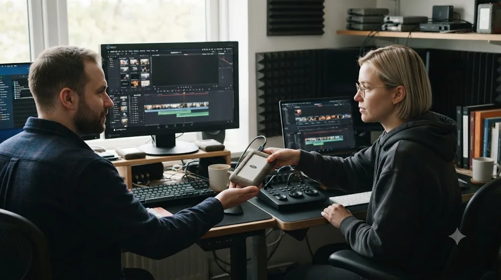 Illustration of a freelance editor handing off a consolidated DaVinci Resolve project folder to another editor