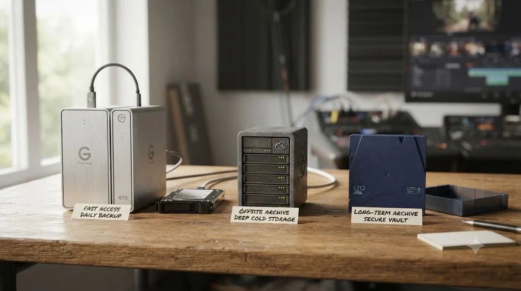 Illustration comparing external drives, cloud cold storage, and LTO tape as destinations for a DaVinci Resolve project archive