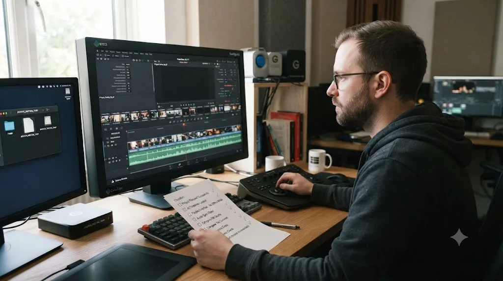 Illustration of verifying a restored DaVinci Resolve project archive against a checklist before deleting original media