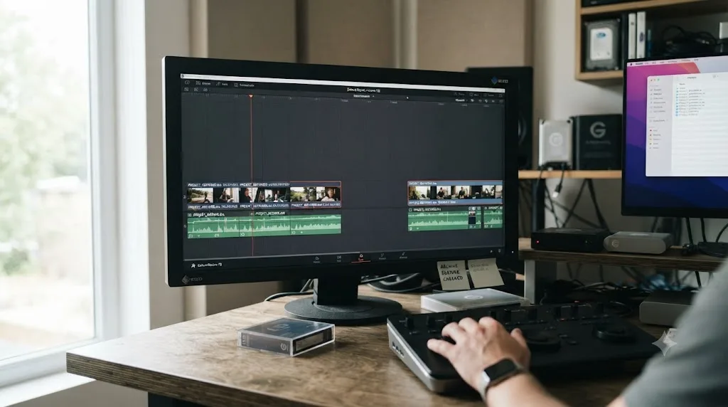 Illustration of a worked example showing a freelance editor archiving and later restoring a consolidated DaVinci Resolve project