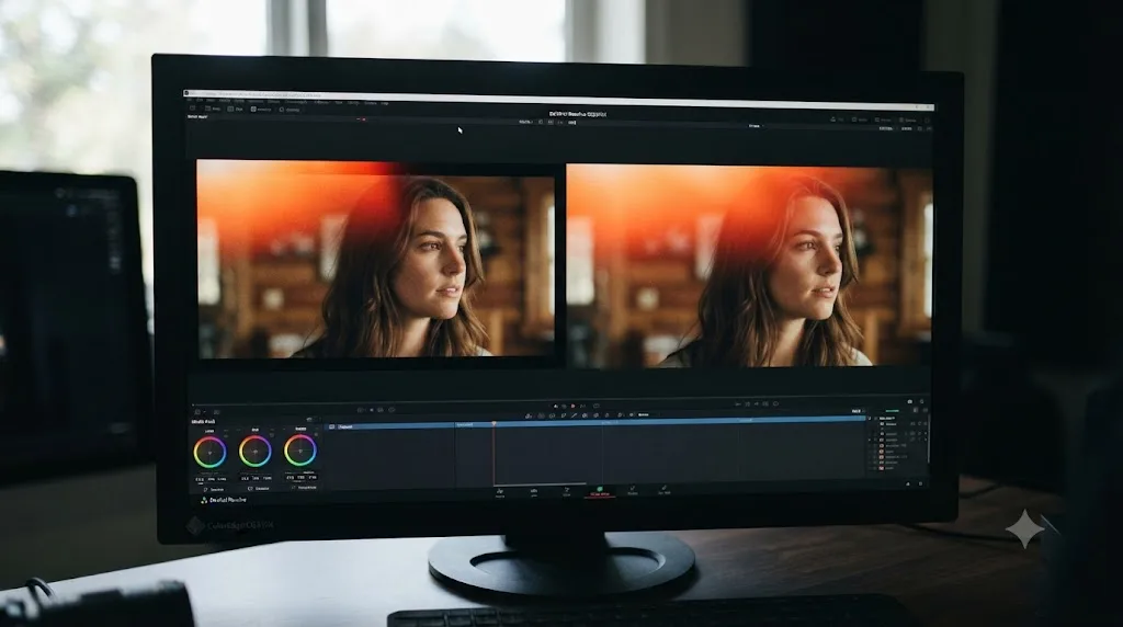 Illustration comparing a light leak overlay with a visible rectangular edge against the same overlay properly blended without visible borders